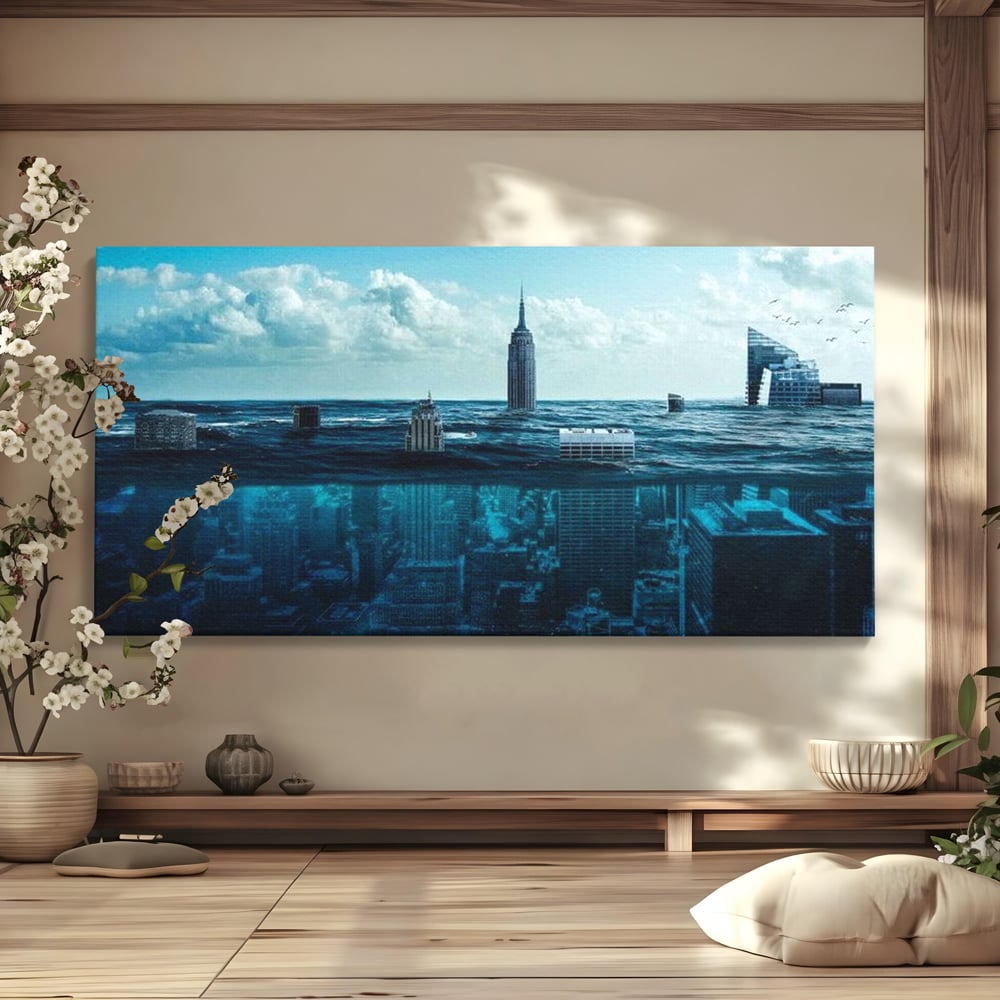Tablou canvas cu ilustratie digitala cu oras scufundat in ocean, fara rama, pe sasiu de lemn